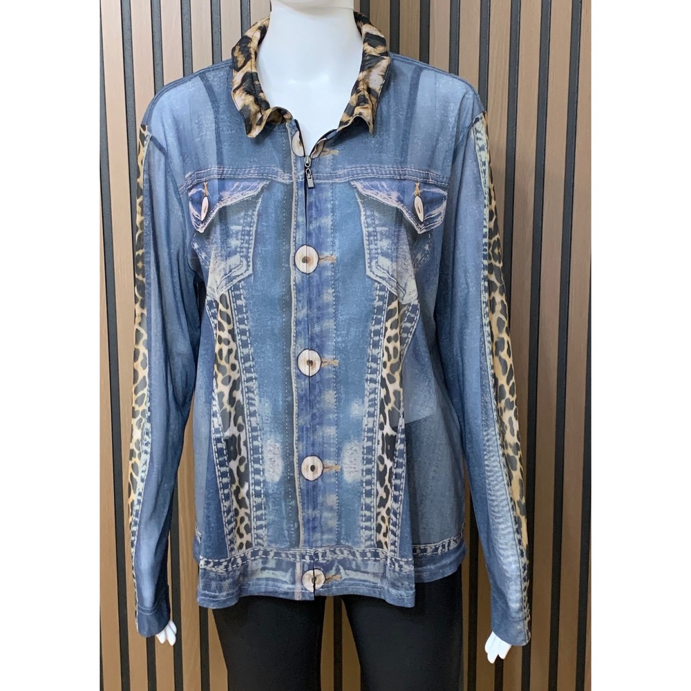 John Mark Mesh Top L Denim Jacket Print Leopard Animal Zip Front Lagenlook
